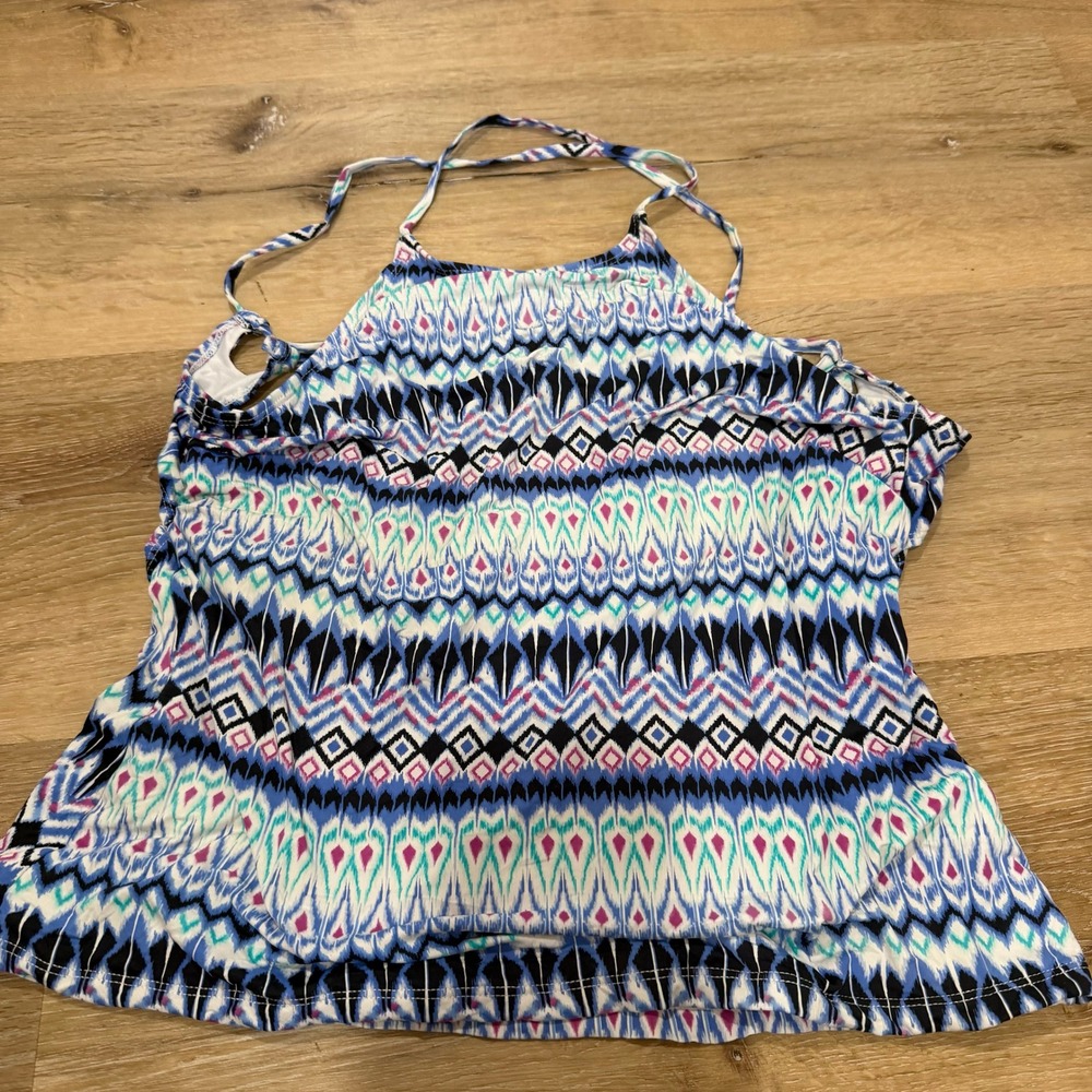 Apt 9 Womens Blue Geometric Ikat Print Halter Tankini Swim Top Size Large